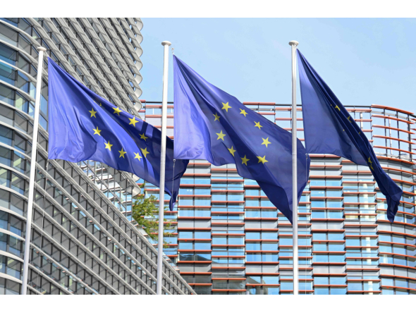 This photograph shows the European flags flapping in the breeze in front of the Louise Weiss building headquarters of the European Parliament, in Strasbourg, eastern France on September 17, 2026. (Photo by Jean-Christophe VERHAEGEN / AFP)