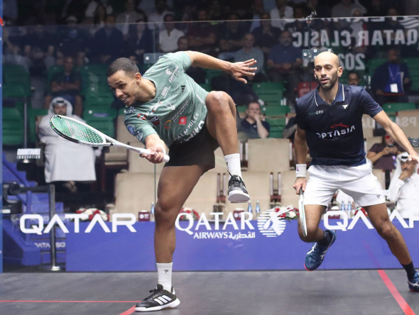 Mostafa Asal (left) in action against Marwan ElShorbagy. 