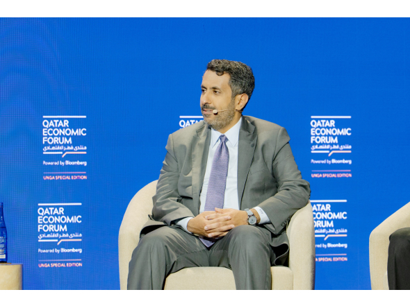 Minister of Commerce and Industry H E Sheikh Faisal bin Thani Al-Thani speaking at Qatar Economic Forum: UNGA Special Edition.
