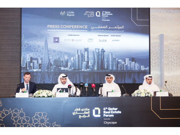 President of Aqarat, Mohammed bin Hassan Al Malki; Chief Commercial Officer at Informa Tharawat, Wouter Molman; CEO of Qatari Diar, Hamad bin Talal Al Thani; and CEO of Barwa Real Estate Group, Eng. Ahmed Mohamed Al-Tayeb during the press conference yesterday.