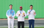 Individual skeet gold medalist Rashid Saleh Al-Athba (centre) of Qatar, silver medallist L Jianlin (left) of China and bronze winner L Meng-Yuan of Chinese Taipei celebrate on the podium. (XINHUA)