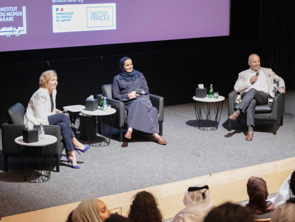 H E Sheikha Al Mayassa bint Hamad bin Khalifa Al Thani (centre) with President of the Institut du monde arabe (IMA) in Paris Anne-Claire Legendre (left) and Dr. Safwan Masri during the event yesterday.