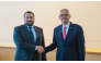 Prime Minister of Haiti H E Alix Didier Fils-Aime meeting Minister of State at the Ministry of Foreign Affairs H E Dr. Mohammed bin Abdulaziz bin Saleh Al Khulaifi.