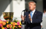 President Donald Trump speaks to the crowd on the first tee during Sunday's Singles on day four of the Presidents Cup 2026 at Medinah Country Club on September 27, 2026 in Medinah, Illinois. (Photo by Sarah Stier / GETTY IMAGES NORTH AMERICA / Getty Images via AFP)