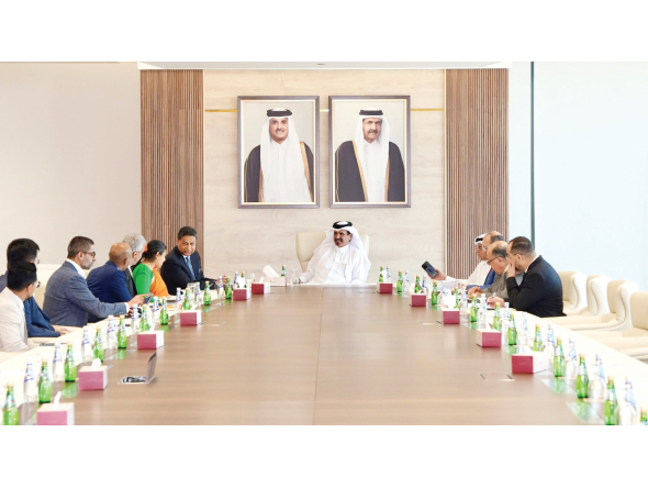 QC First Vice Chairman, Mohamed bin Ahmed bin Twar Al-Kuwari and Chairman of the Commission. Harsha Amarasekera with other officials during the meeting.
