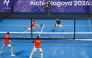 Japan’s Teruaki Ando and Shinnosuke Nakamura (top) play against Lebanon’s Tamim El Hallak and Ralph Tohme during the men’s pairs padel first round match at the Asian Games.