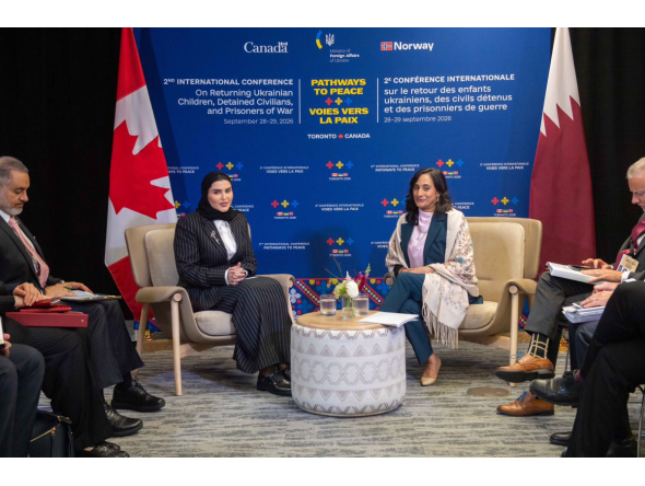 Minister of State for International Cooperation H E Dr. Maryam bint Ali bin Nasser Al Misnad meeting Minister of Foreign Affairs of Canada H E Anita Anand yesterday.
