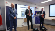 (From L) Divisional commissioner of police and head of the Interdepartmental Judicial Police Service (SIPJ) for the Alpes-Maritimes department Eric Antonetti, Marseille public prosecutor Nicolas Bessone and National Director of France's Judicial Police Christian Sainte attend a press conference on October 12, 2026, following the recovery on October 9 of two paintings by French impressionist painter Pierre-Auguste Renoir. (Photo by Thomas Samson / AFP)
