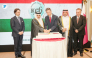 Minister of Environment and Climate Change H E Dr. Abdullah bin Abdulaziz bin Turki Al Subaie with Director of the Protocol Department at the Ministry of Foreign Affairs H E Ambassador Ibrahim Yousif Abdullah Fakhro and Chargé d’Affaires a.i. of the Embassy of Hungary Dávid Ambrus and other officials during the cake-cutting ceremony at the event yesterday.  PIC: Mohamed Elatar / The Peninsula