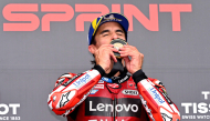 Marc Marquez celebrates after winning the MotoGP sprint. 