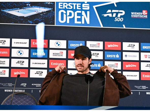 Spain's Carlos Alcaraz speaks during a press conference. 