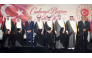 Minister of Awqaf and Islamic Affairs H E Ghanem bin Shaheen bin Ghanem Al Ghanim (second left), Minister of Municipality H E Abdullah bin Hamad bin Abdullah Al Attiyah (first left) Ambassador of Türkiye to Qatar H E Yakup Caymazoğlu (third left) and Their Excellencies the Ministers and officials at the Turkish National Day reception in Doha yesterday.