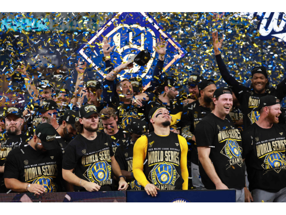 The Milwaukee Brewers celebrate during the Awards Ceremony after defeating the Tampa Bay Rays in the 2026 World Series at Tropicana Field on October 28, 2026 in St Petersburg, Florida. (Photo by ELSA / GETTY IMAGES NORTH AMERICA / Getty Images via AFP)