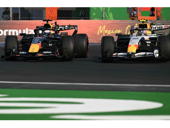 Red Bull Racing's Dutch driver Max Verstappen (L) and Racing Bulls' New Zealand driver Liam Lawson race in Mexico City on October 30, 2026. (Photo by Yuri Cortez / AFP)
