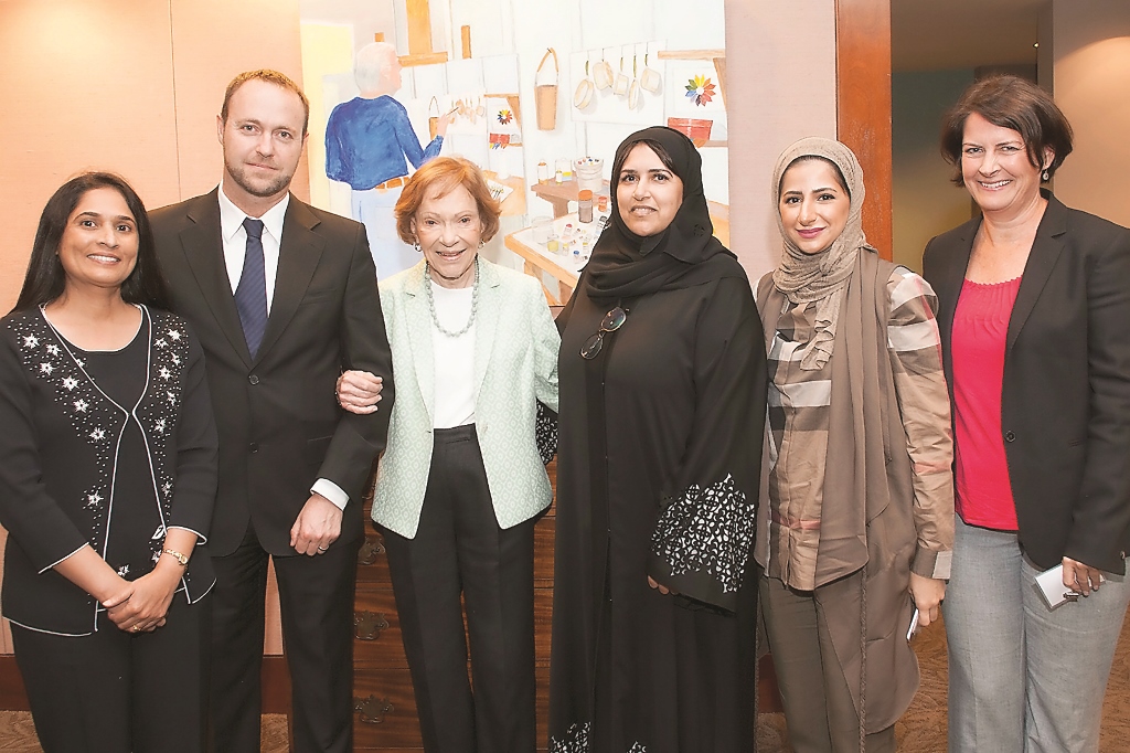 (L-R) Aney Mathew, a contributor to Qatar Foundation’s publications; Tarek Bazely, Science and Technology Editor of Al Jazeera English; Rosalynn Carter, former US First Lady; Sultana Afdhal, WISH Partnerships and Outreach Manager; Buthaina Mohammed Al Jan