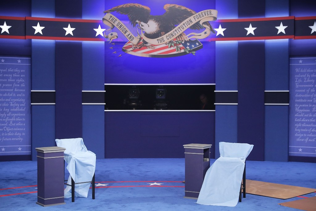 Blue paper covers the chairs that Republican presidential nominee Donald Trump and Democratic presidential nominee Hillary Clinton will use during Sunday's debate at Washington University October 8, 2016 in St Louis, Missouri. Chip Somodevilla/Getty Image