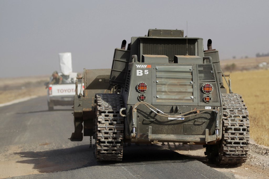 A Turkish army minesweeper drives along a street near the northern Syrian rebel-held town of Mazraat Chahine, in Aleppo Governorate, Syria, October 9, 2016. REUTERS/Khalil Ashawi
