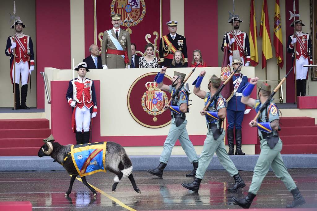 (L to R) Spain's King Felipe IV, Spain's Queen Letizia, Spain's princess Sofia, and princess Leonor watch troops and a mascot march during the Spanish National Day military parade in Madrid on October 12, 2016. / AFP / JAVIER SORIANO

