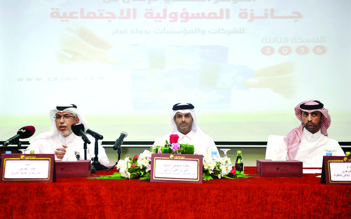 FROM LEFT:  Jaber Al Harmi, Editor-in-Chief of Al Sharq newspaper; Sheikh Thani bin Ali bin Saud Al Thani, award committee chairman and Mansoor Al Sayedi during the Press conference announcing Qatar CRS awards at Qatar Chamber, yesterday     (Abdul Basit 