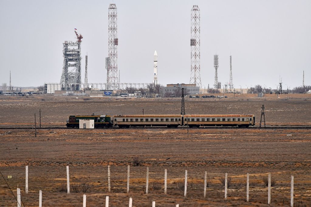 A Russian Proton-M rocket carrying the ExoMars 2016 spacecraft stands on the launch pad at the Russian-leased Baikonur cosmodrome on March 14, 2016.   AFP / KIRILL KUDRYAVTSEV
