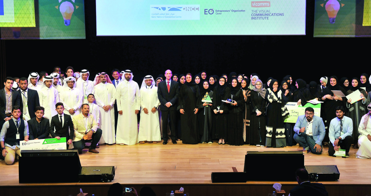 Sheikha Hanadi bint Nasser bin Khaled Al Thani, Chairperson of Injaz Qatar, with officials and students during the Mubadara 2016 awards ceremony at QNCC. Pic: Kammutty VP / The Peninsula