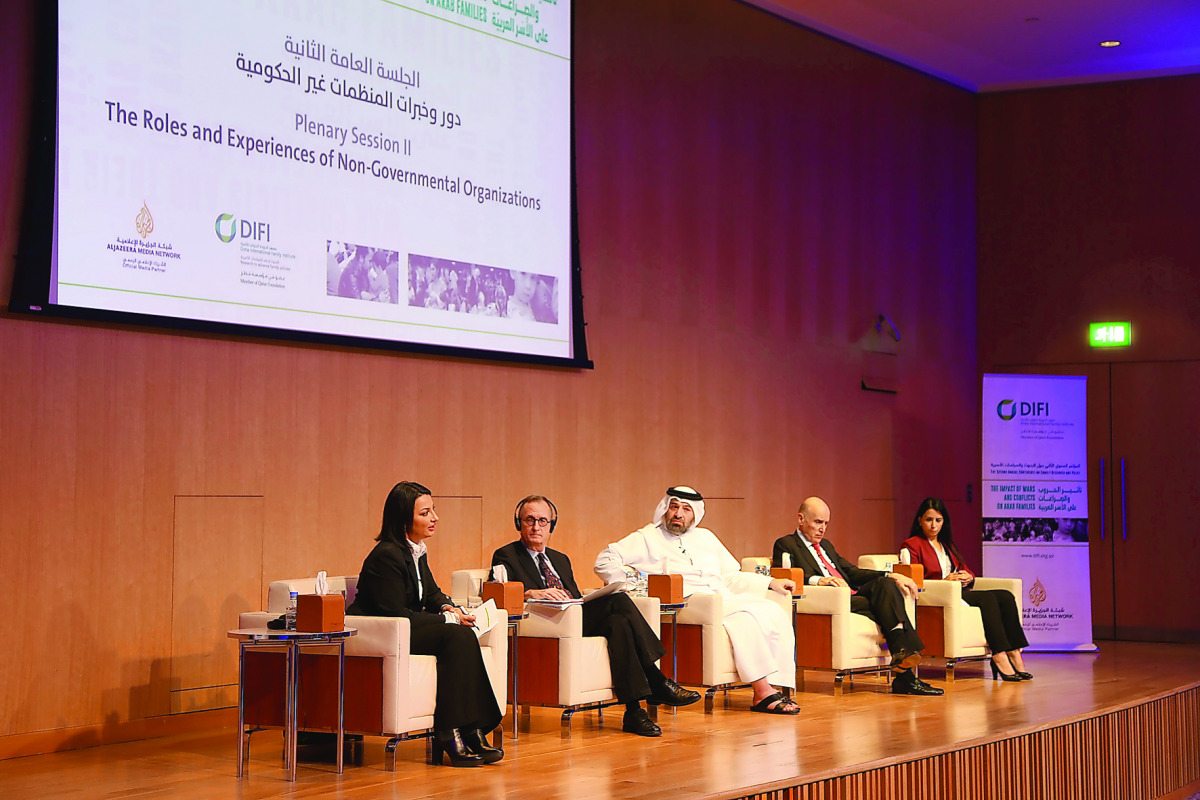 Panellists of the first plenary session on the final day of the conference, discussing the roles and experiences of nongovernmental organisations during wars and conflicts.
