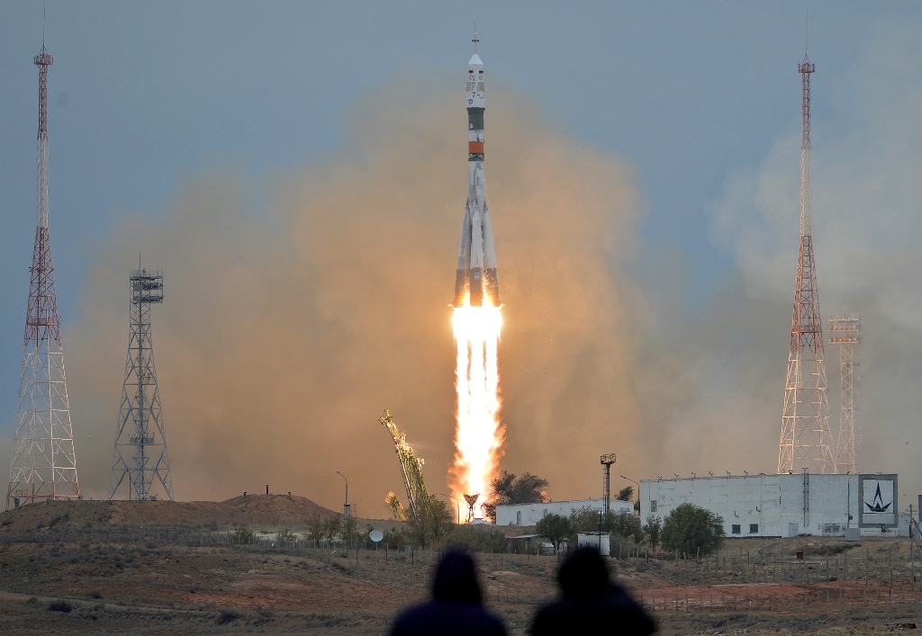 Russia?s Soyuz MS-02 spacecraft carrying the International Space Station (ISS) crew of US astronaut Shane Kimbrough and Russian cosmonauts Sergey Ryzhikov and Andrey Borisenko blasts off to the ISS from the launch pad at the Russian-leased Baikonur cosmod