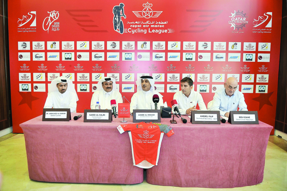 Ahmed Al Hemaidi (centre), Secretary General of Qatar Cycling Federation (QCF), speaking during the Royal Air Maroc Cycling League press conference at Melia Hotel in Doha yesterday. Also present are Abdulaziz Al Kuwari (left) of Qatar Cyclists, Saeed Al H