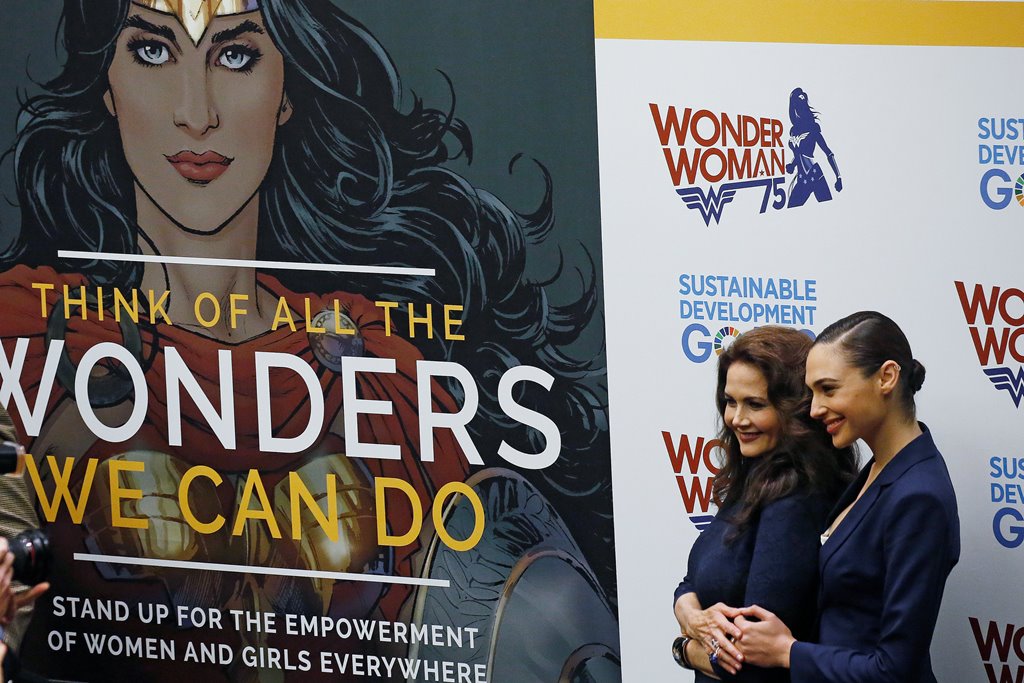 Actors Gal Gadot and Lynda Carter pose for photos during an event to name Wonder Woman UN Honorary Ambassador for the Empowerment of Women and Girls at the United Nations Headquarters in the Manhattan borough of New York, New York, U.S. REUTERS/Carlo Alle