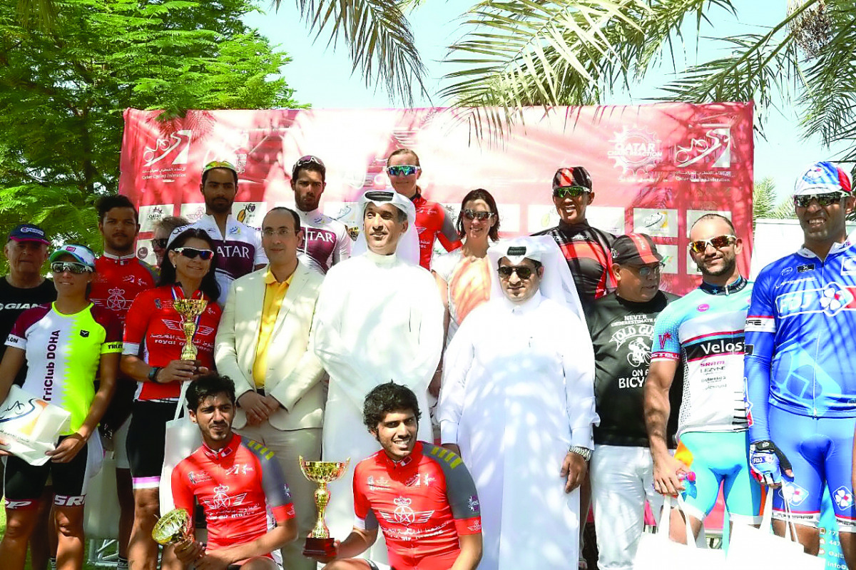Riders are seen with Qatar Cycling Federation (QCF) officials and representatives of Qatar Chain Reaction, Qatar Cyclists and Royal Air Maroc following the first stage of the Royal Air Maroc League. Around 150 riders featured in different classes of the f
