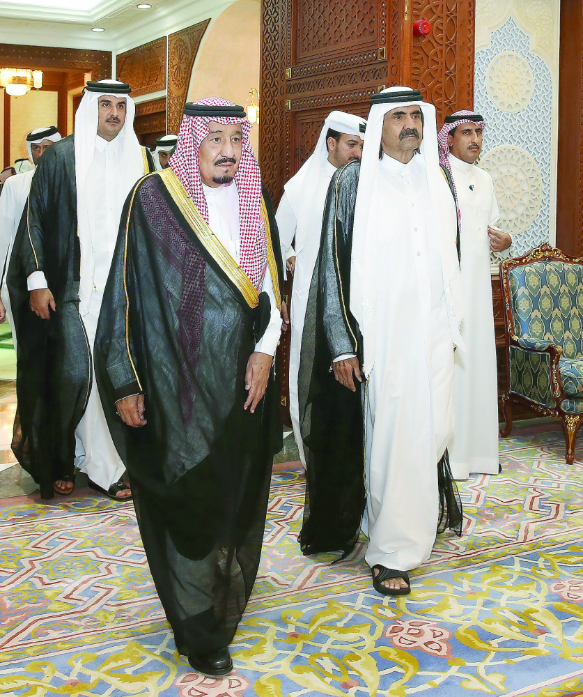 Emir H H Sheikh Tamim bin Hamad Al Thani and Father Emir H H Sheikh Hamad bin Khalifa Al Thani with the Custodian of the Two Holy Mosques King Salman bin Abdulaziz Al Saud of Saudi Arabia 