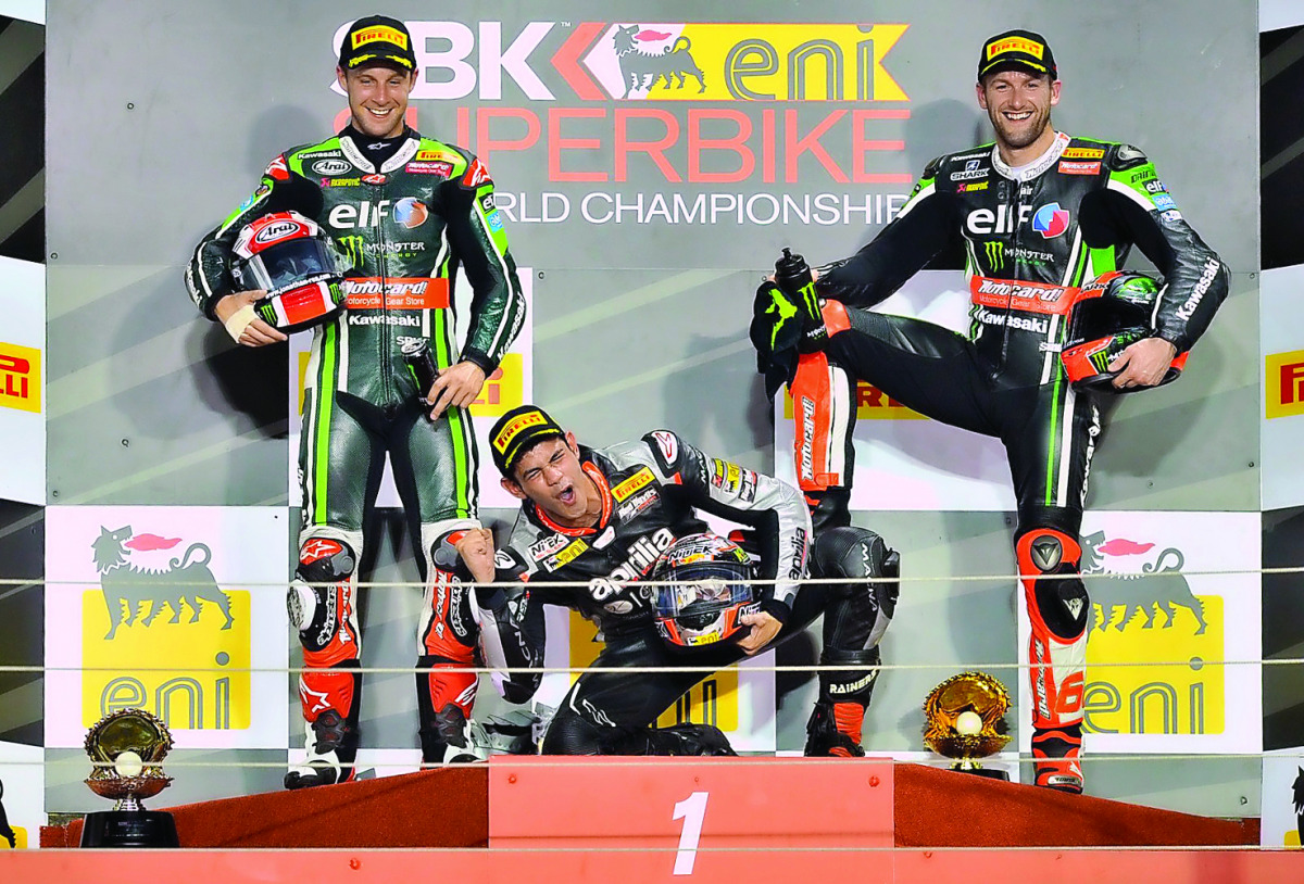 From left: Tom Sykes, Torres Jordi and Jonathan Rea during the 2015 World Superbike Championship (WSBK) awarding ceremony held at Losail International Circuit in this October 21, 2015 file picture. 