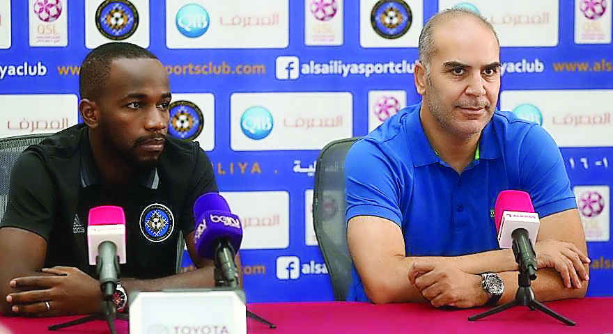 Al Sailiya coach Sami Trabelsi (right) speaks during a press conference ahead of their Qatar Stars League clash against Al Shahaniya which will take place at Al Ahli Stadium today.