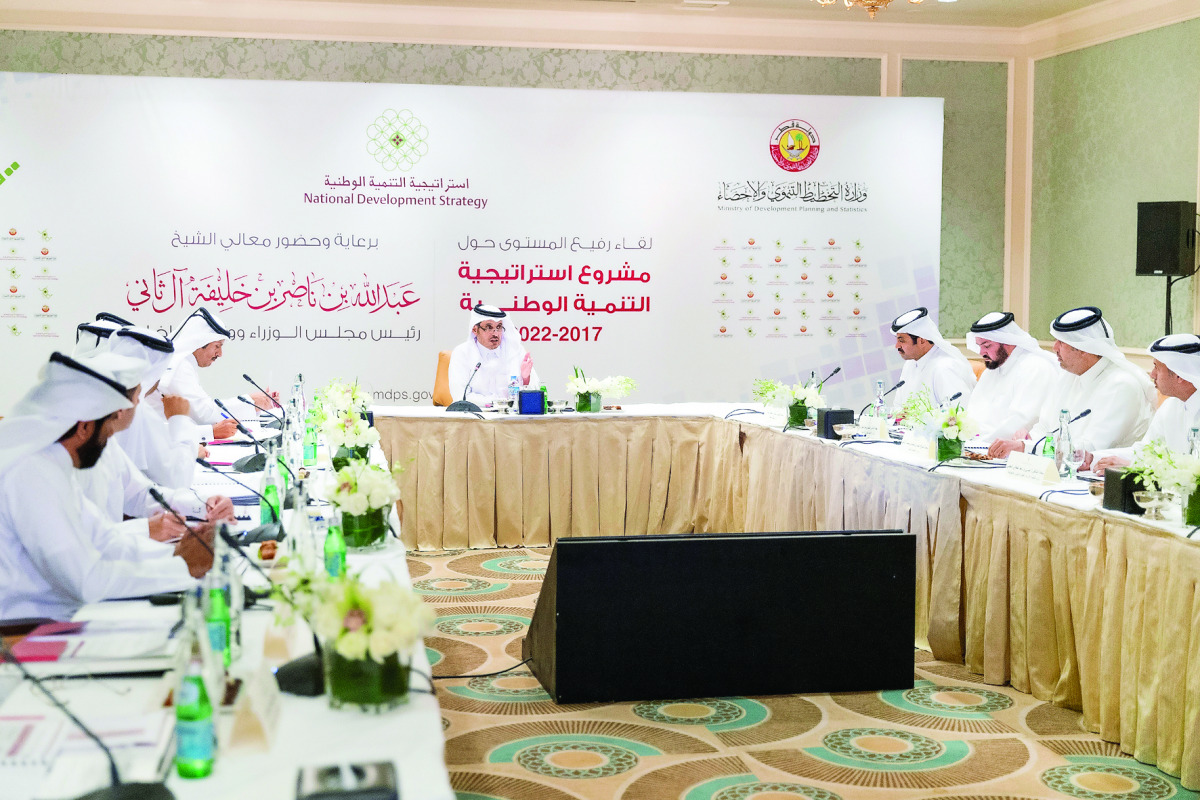 Prime Minister and Interior Minister H E Sheikh Abdullah bin Nasser bin Khalifa Al Thani addressing a ministerial meeting on the National Development Strategy (2017-2022) at the Four Seasons Hotel yesterday.