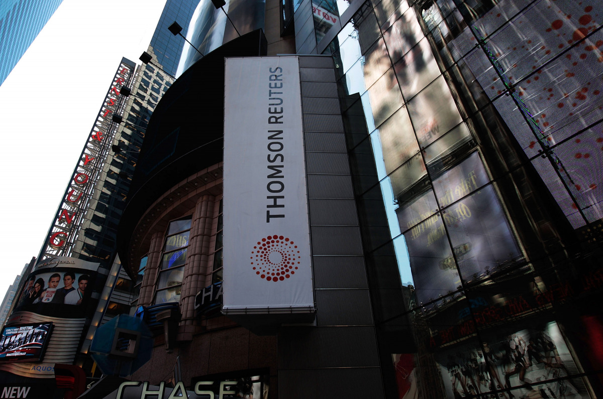 This file photo taken on April 17, 2008 shows The logo of Thomson Reuters on their Times Square building in New York. Thomson Financial information group Thomson Reuters announced November 1, 2016 a new 