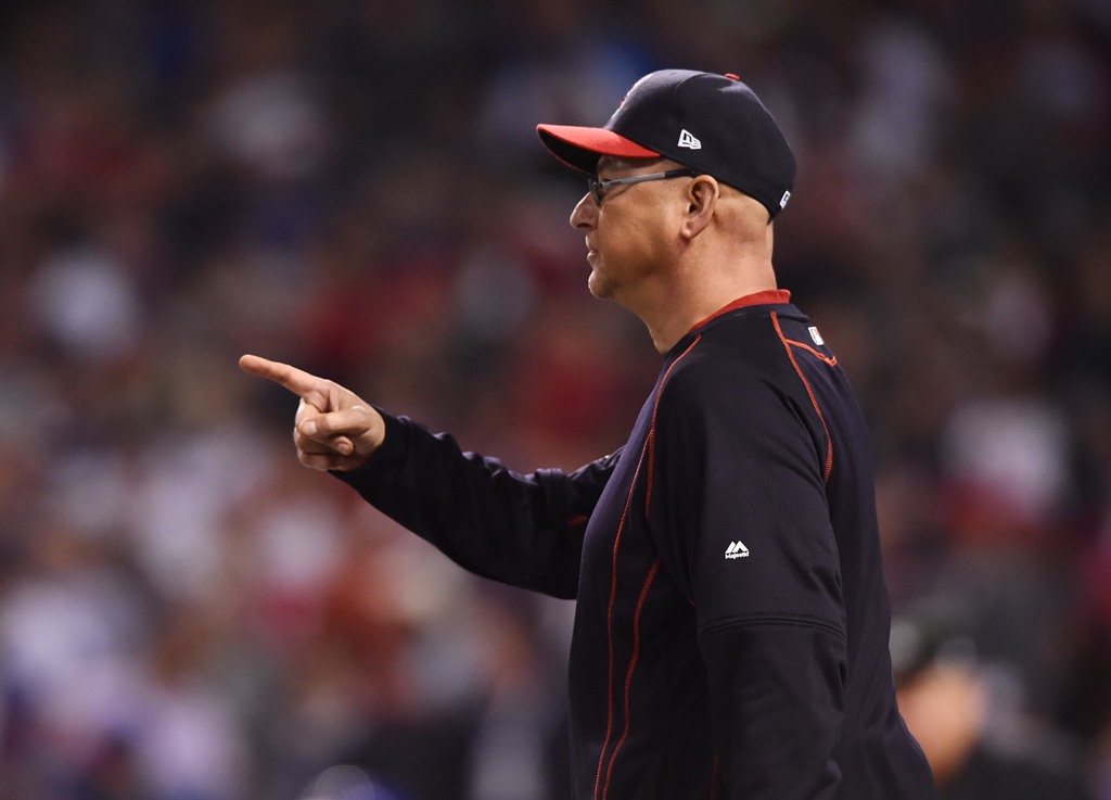 Cleveland Indians manager Terry Francona makes a pitching change against the Chicago Cubs in the third inning in game six of the 2016 World Series at Progressive Field. Ken Blaze/USA TODAY Sports