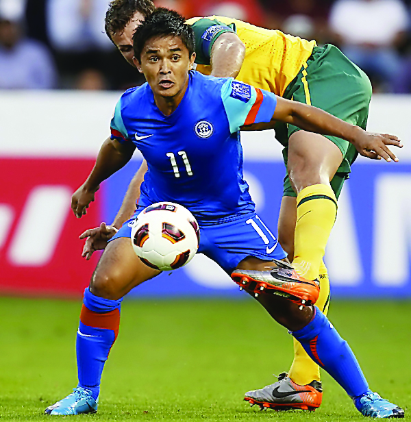 India’s most capped player and all-time leading scorer Sunil Chhetri is seen in actionin this file photo.