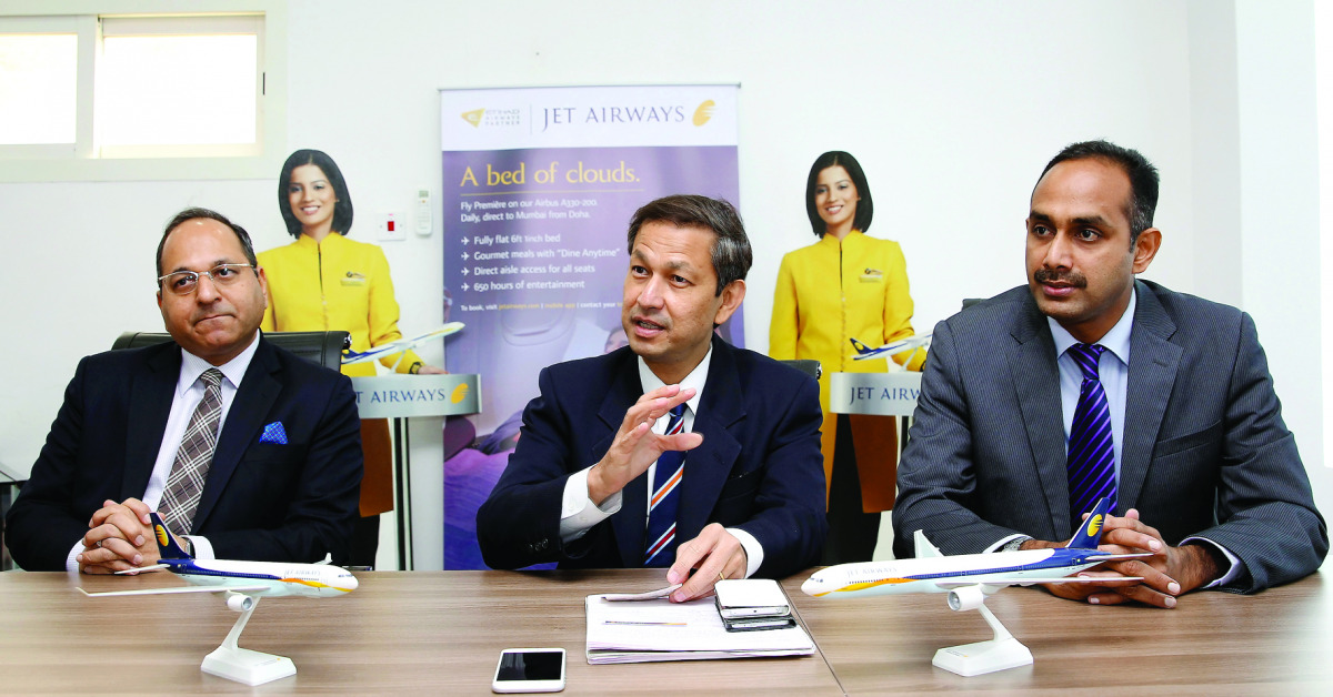 Shakir Kantawal (left), Colin Neubronner (centre) and Anshad Ebrahim (right) briefing about Jet Airways' future plans in its office at D Ring Road. Pic: Qassim Rahmatullah / The Peninsula