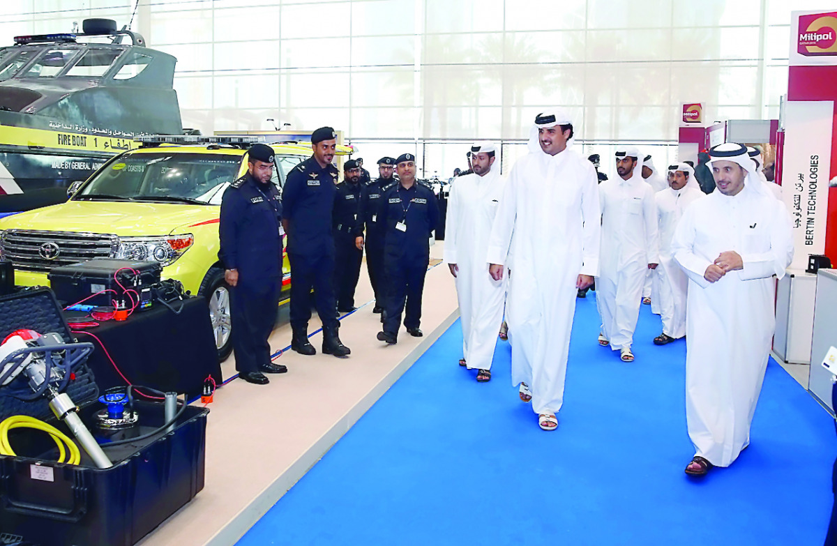 Emir H H Sheikh Tamim bin Hamad Al Thani and Prime Minister and Interior Minister  H E Sheikh Abdullah bin Nasser bin Khalifa Al Thani visiting Milipol Qatar 2016.