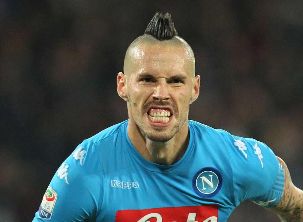 Lazio's midfielder from Slovakia Marek Hamsik celebrates after scoring during the Italian Serie A football match SSC Napoli vs SS Lazio on November 5, 2016, at the San Paolo Stadium in Naples. / AFP / CARLO HERMANN