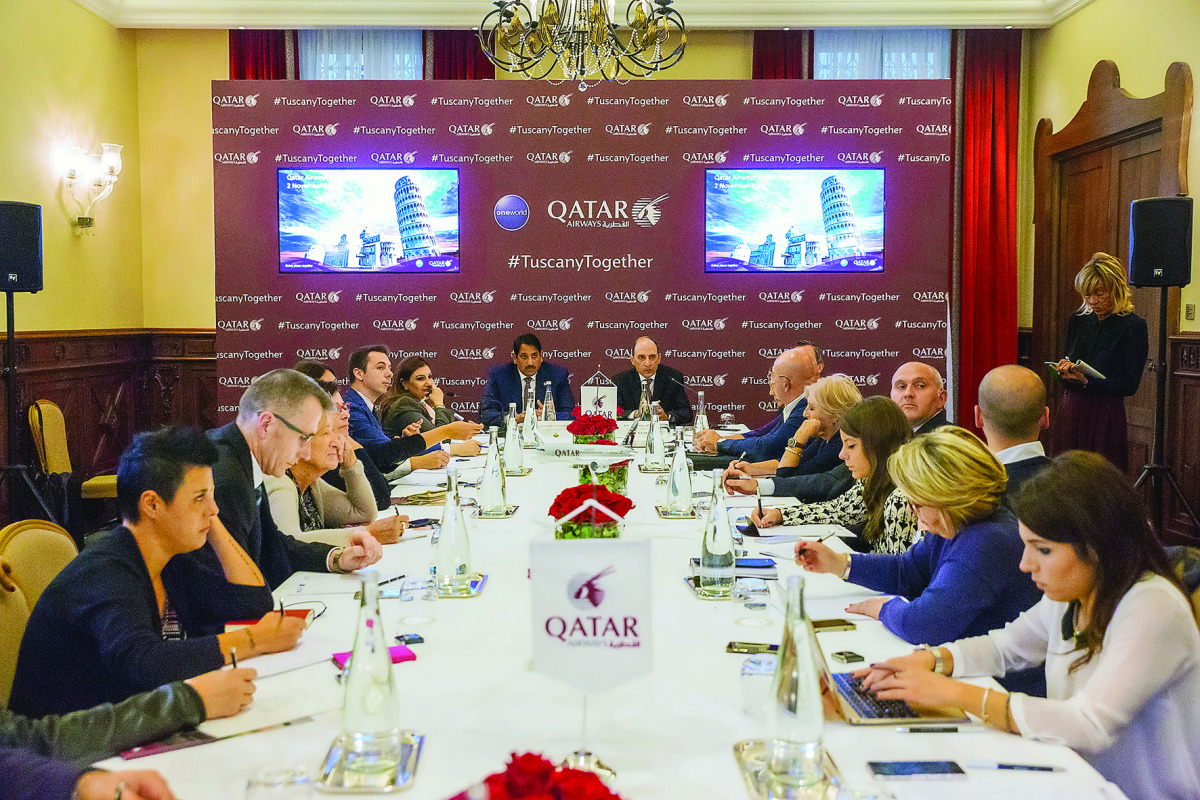 Qatar Airways Group Chief Executive Akbar Al Baker with Qatar’s Ambassador to Italy Abdulaziz bin Ahmed Al Malki, addressing the national and regional media in Florence, Italy.