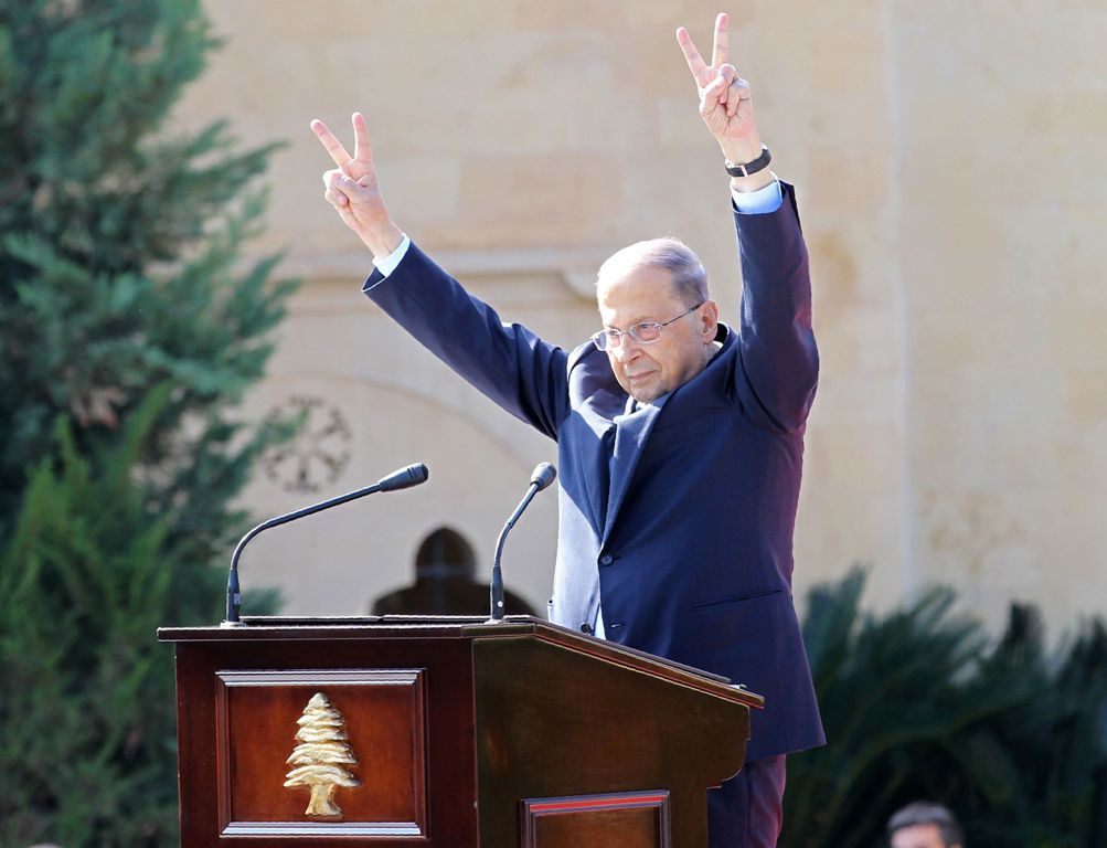 Lebanese President Michel Aoun waves to the crowd during a rally celebrating his election on November 6, 2016, at the presidential palace in Baabda. AFP / ANWAR AMRO
