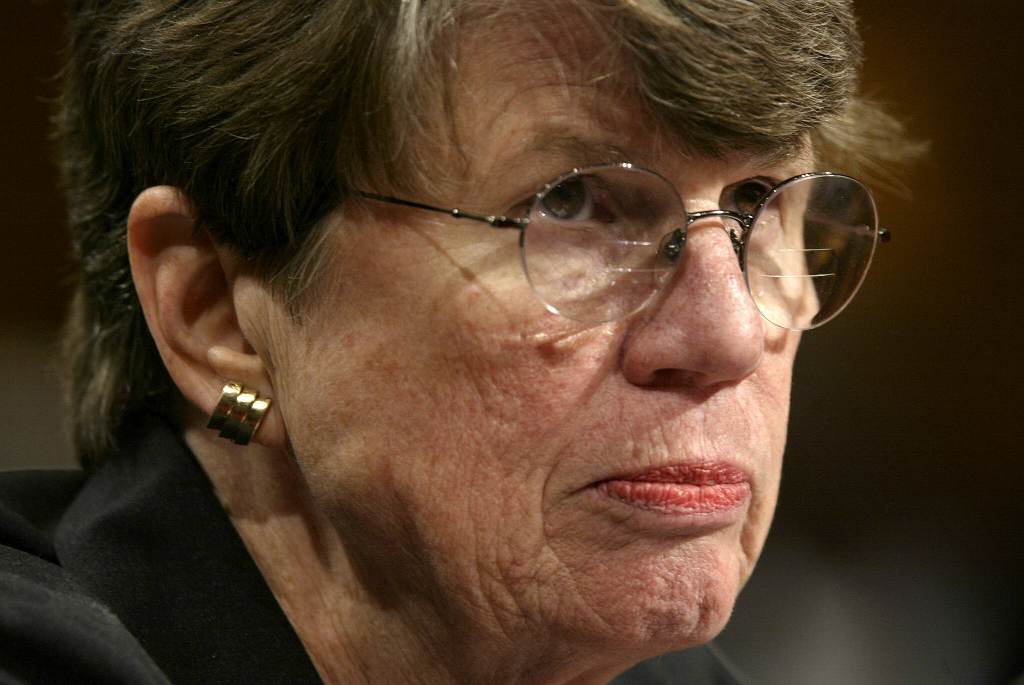 (FILES) This file photo taken on April 13, 2004 shows former US Attorney General Janet Reno listening to testimony during hearings on Capitol Hill in Washington DC. Janet Reno, the first female US attorney general and a lightning rod for Republican attack