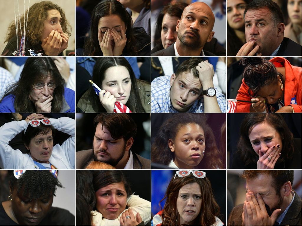 (COMBO) This combination of pictures created on November 09, 2016 shows supporters of Democratic presidential candidate Hillary Clinton reacting November 08, 2016 to early election results in various cities across the United States.  AFP / Ryan McBride
