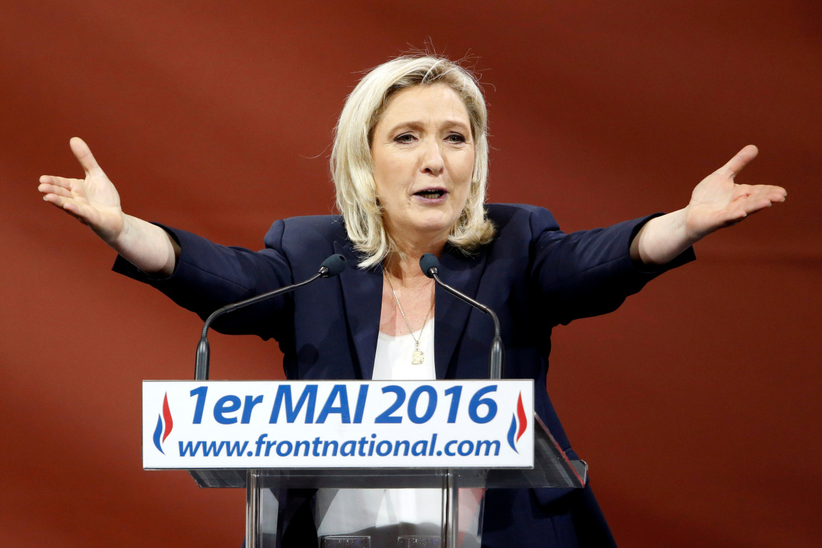 France's far right National Front political party leader Marine Le Pen delivers her speech as part of the National Front's annual May Day rally in Paris, France, May 1, 2016.REUTERS/Charles Platiau/File Photo