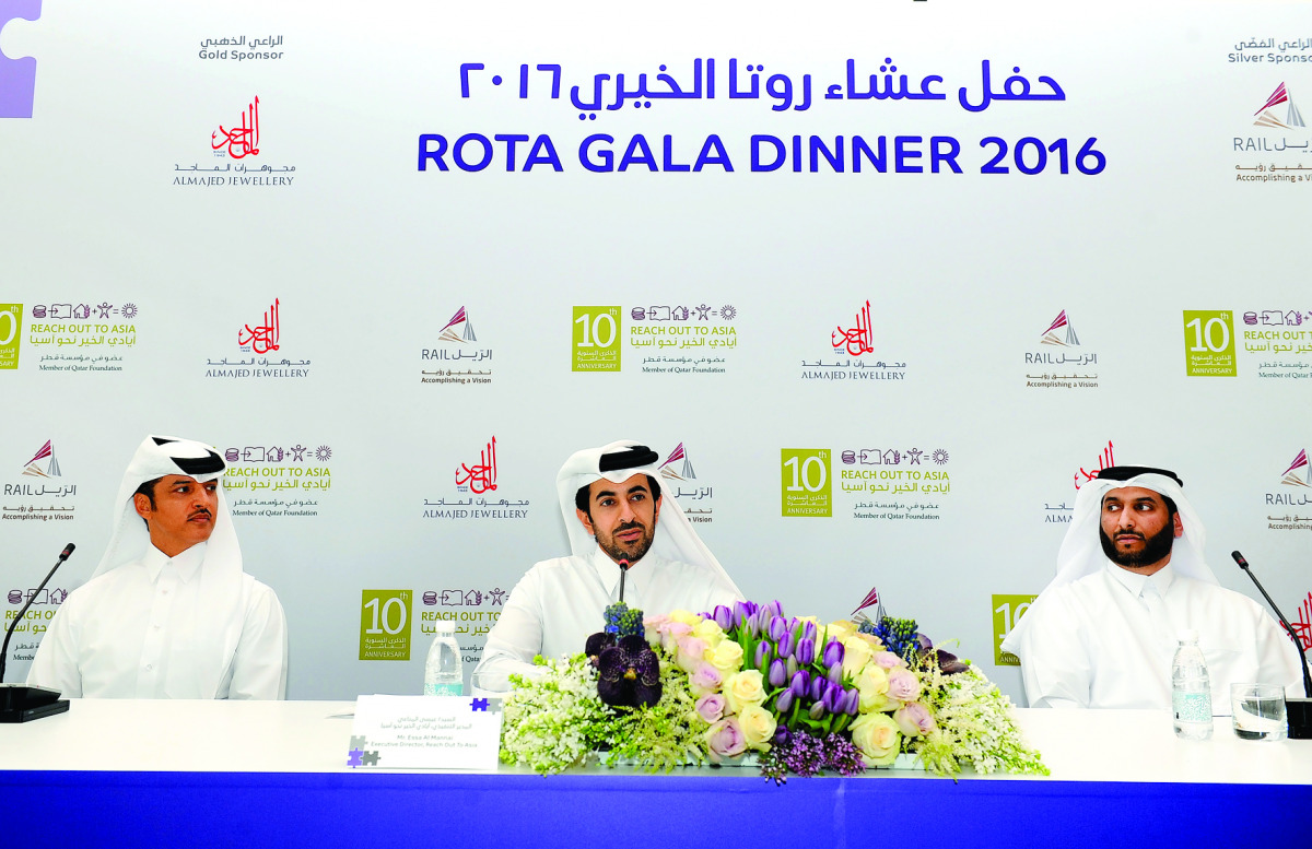 From left: Jamil Al Majed, Vice-Chairman, Al Majed Jewellery; Essa Al Mannai, Executive Director, ROTA; and Khalifa Hassan A Al Jehani, Chief of Corporate Support, Qatar Rail, addressing the media on ROTA Gala Dinner 2016, at Marwan Club Al Shaqab, yester