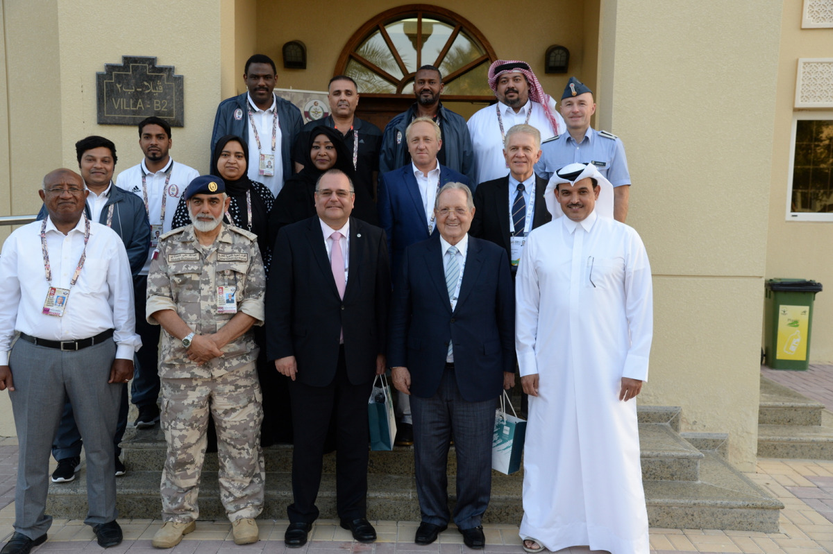 Carlos Padilla Becerra, President of Mexican Olympic Committee, Horst G Schreiber, International Shooting Federation (ISF), Secretary General and Olegaro Rana the President of ISF are seen with officials of CISM during their visit to the Losail Shooting R