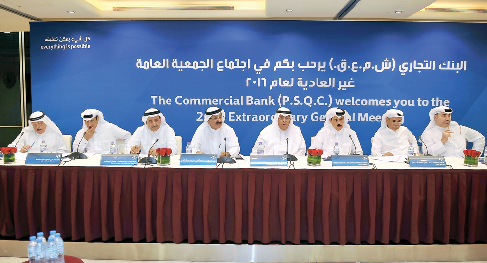 Sheikh Abdullah bin Ali bin Jabor Al Thani, Chairman (fourth left); Hussain Ibrahim Al Fardan, Vice-Chairman and Managing Director (fourth right) with other Board members of Commercial Bank at the Extraordinary General meeting 2016 at Commercial Plaza yes