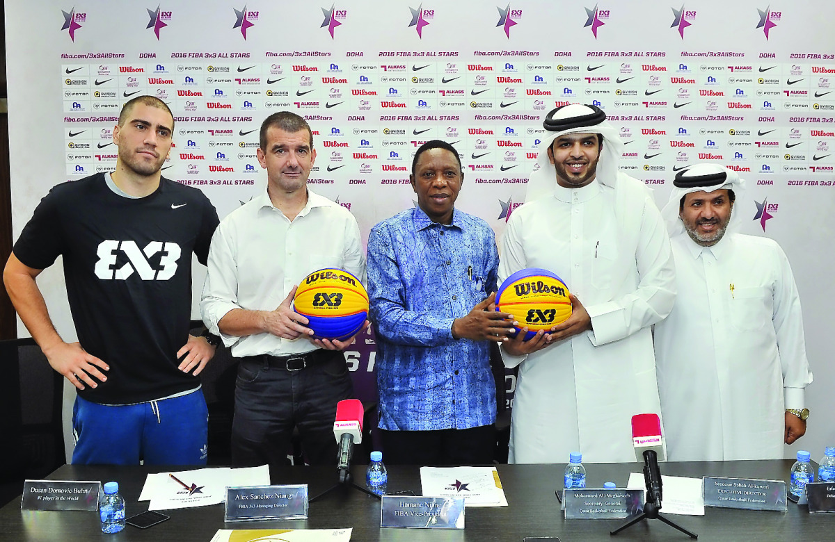 FROM LEFT: Dusan Domovic Bulut, the number one 3x3 basketball player in the world, Alex Sanchez Niang, FIBA 3x3 Managing Director, Hamane Niang, FIBA Vice President, and Saadoun Sabah Al Kuwari (right), Executive Director of Qatar Basketball Federation (Q