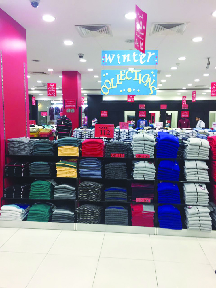 The new collection of winter wear at a shopping outlet.